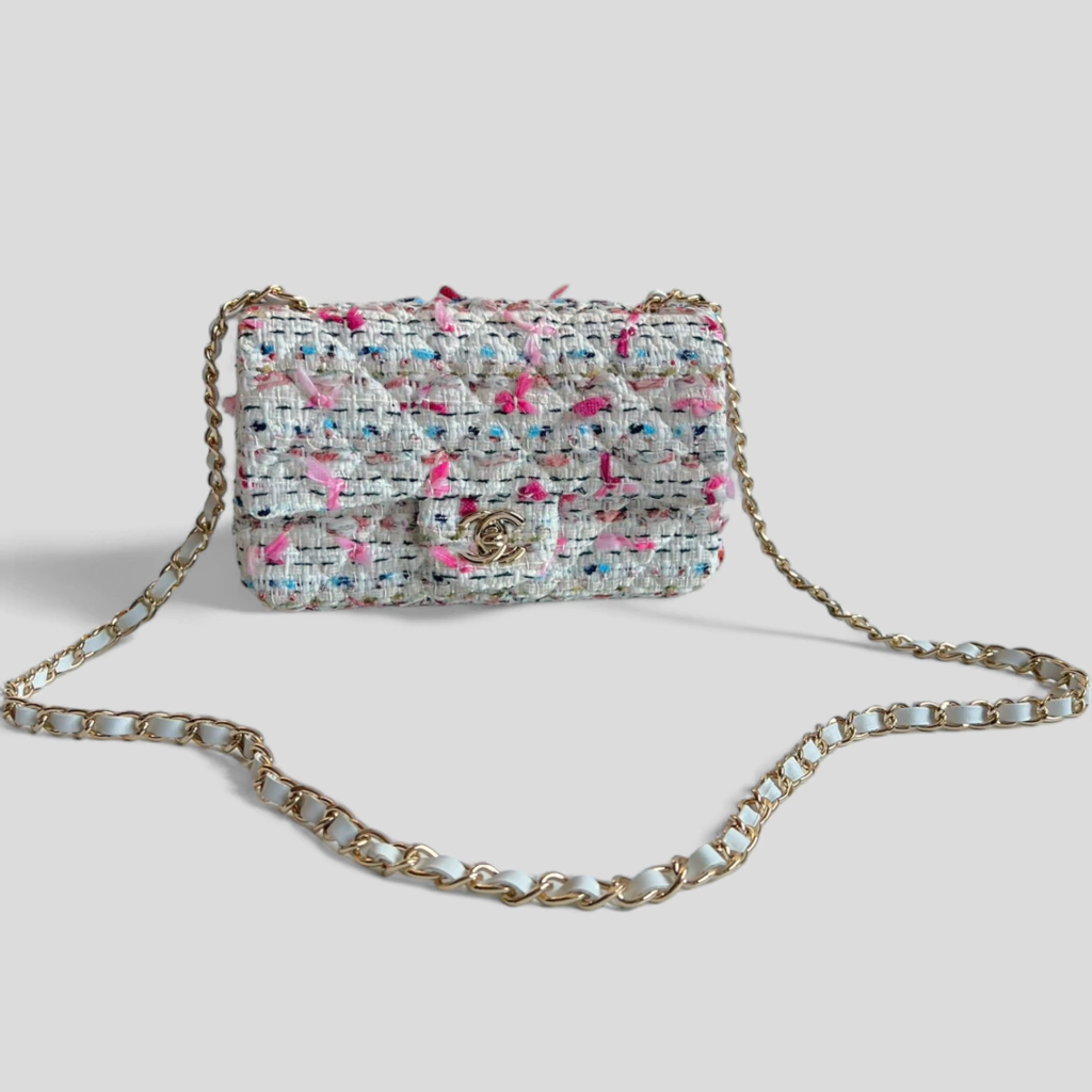 BOLSA CHANEL CLASSIC FLAP MINI TWEED BRANCA